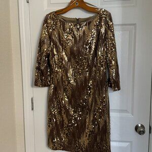 Eliza J Taupe Velvet & Gold Sequin Geometric Sheath Dress Size 14